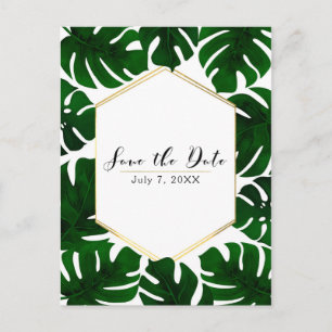 Cartão Postal De Anúncio Folhas Tropicais Verdes Branco & Ouro Salve a Data