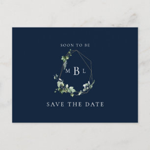 Cartão Postal De Anúncio Foliage Monograma Wedding Save the Date Marinho