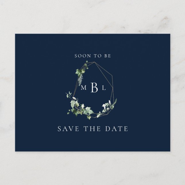 Cartão Postal De Anúncio Foliage Monograma Wedding Save the Date Marinho (Frente)