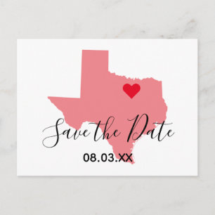 Cartão Postal De Anúncio Forma de Mapa do Texas de Coral Claro Salva a Data