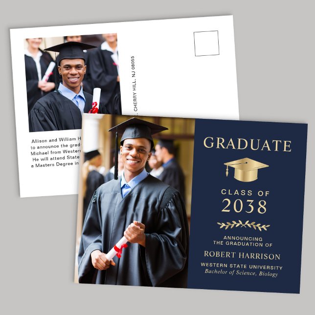 Cartão Postal De Anúncio Formatura Faculdade Azul Dourado Elegante (An elegant college graduation announcement to celebrate the graduate's achievements)