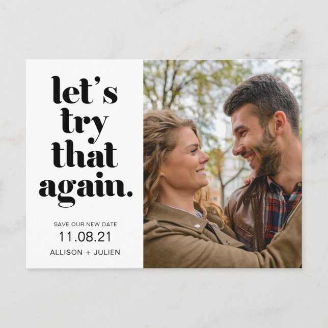 Cartão Postal De Anúncio Foto Casamento Salve a Nova Data Adiamento (Frente)