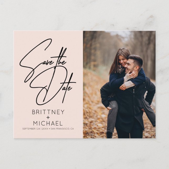 Cartão Postal De Anúncio Foto com Mínimo Letra Manuscrita Salvar a Data Ros (Frente)