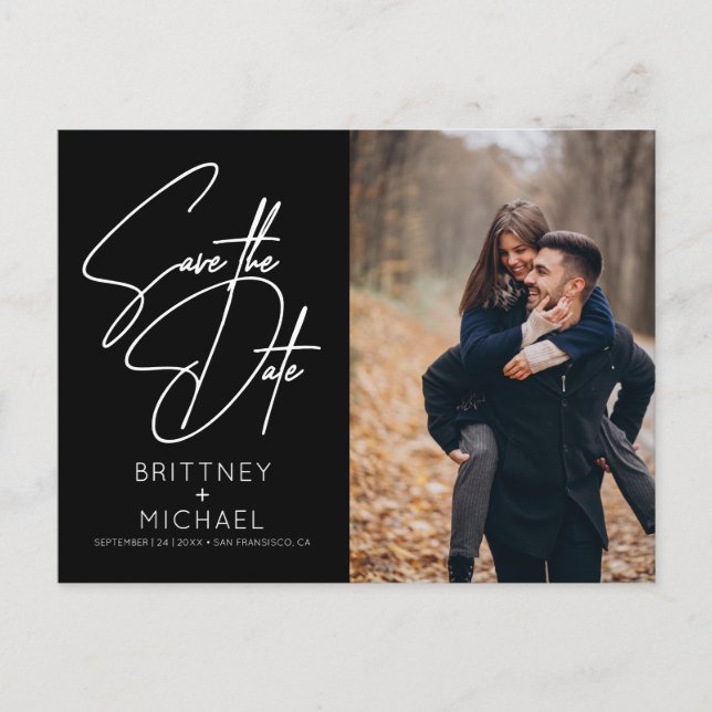 Cartão Postal De Anúncio Foto com Mínimo Letra Mão Salva a Data em Preto (Frente)