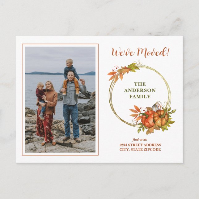 Cartão Postal De Anúncio Foto de Abóboras de Outono Mudamos para Nova Casa (Frente)