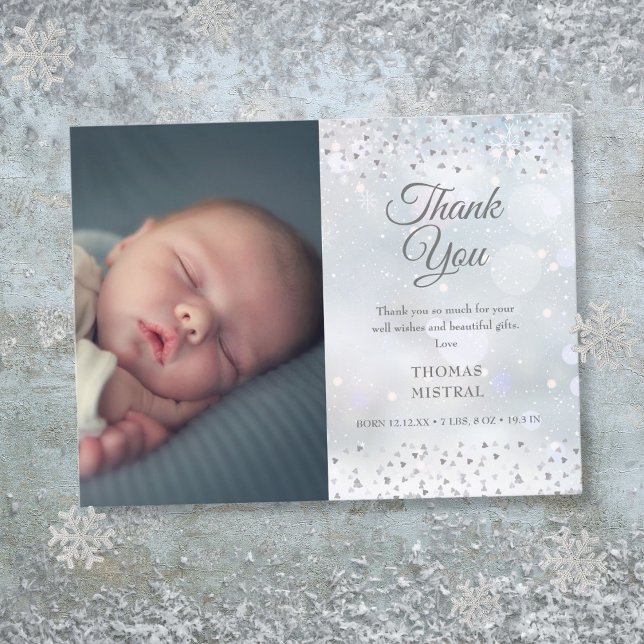 Cartão Postal De Anúncio Foto de agradecimento Silver Hearts Nascimento de  (Silver Hearts Thank You Photo Winter Baby Birth Announcement Postcard)