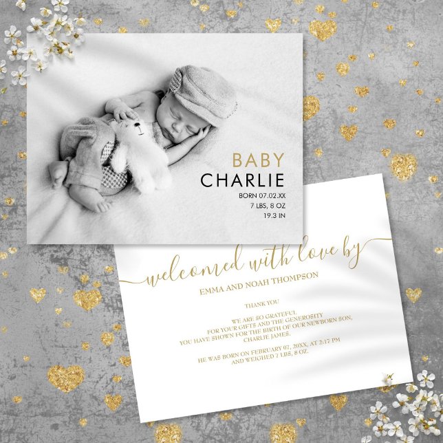 Cartão Postal De Anúncio Foto de Bebê Chic Elegante Moderno Dourado Nascime (Baby Photo Chic Elegant Modern Gold Birth Announcement Postcard)