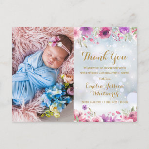 Cartão Postal De Anúncio Foto de Bebê Floral Inverno Neve Agradecimento Nas