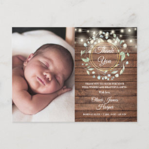 Cartão Postal De Anúncio Foto de Bebê Folhagem Rustico Madeira Obrigado Nas