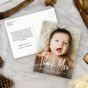Cartão Postal De Anúncio Foto de Bebê Letreiramento à Mão Obrigado Nascimen