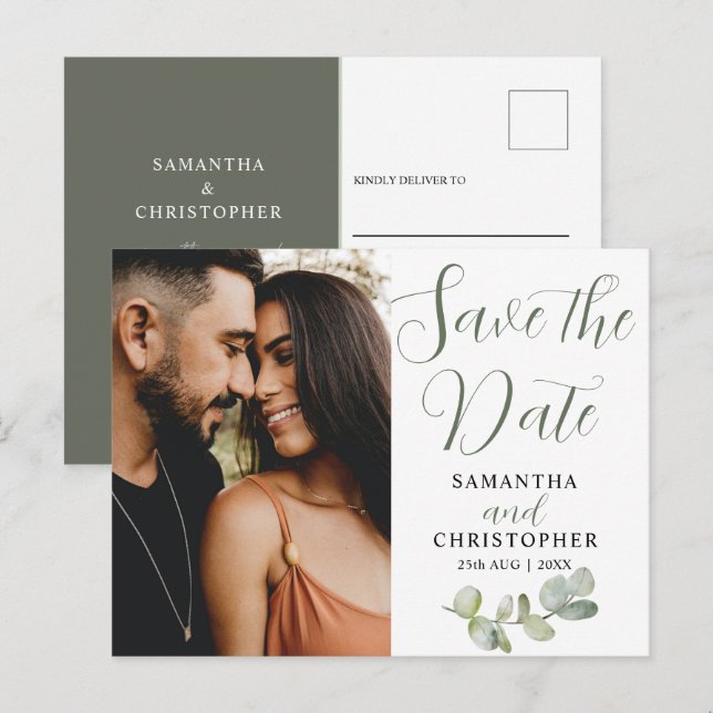 Cartão Postal De Anúncio Foto de Casais Elegantes Eucalyputs Salva a Data (Frente/Verso)