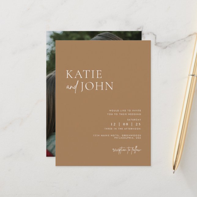 Cartão Postal De Anúncio Foto de Casamento Boho Minimalista Moderna Bege (Frente/Verso In Situ)