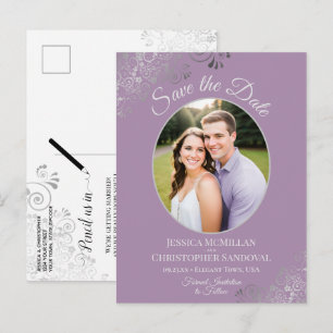 Cartão Postal De Anúncio Foto de Casamento de Lavanda com Renda Prateada pa