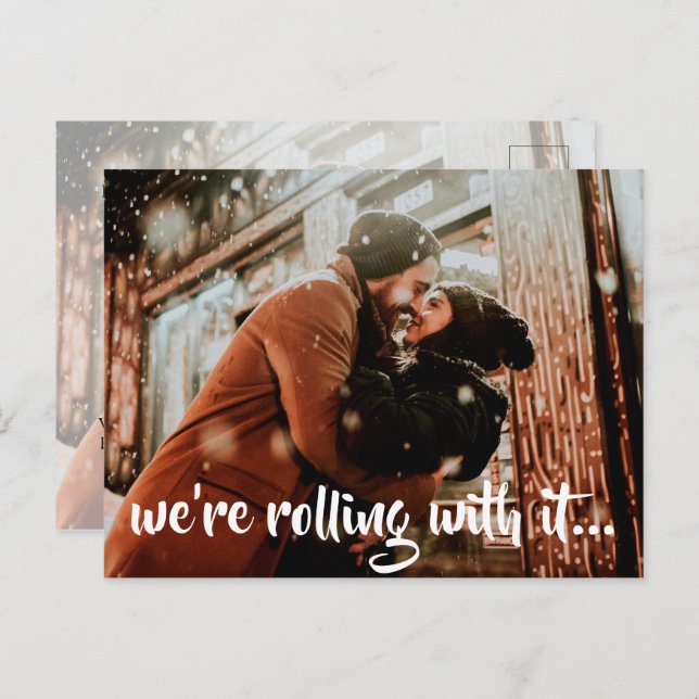 Cartão Postal De Anúncio Foto de Casamento de Script Branco Moderno Salvar  (Frente/Verso)