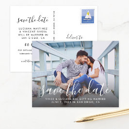 Cartão Postal De Anúncio Foto de Casamento de Script Manuscrito Salva a Dat