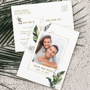 Cartão Postal De Anúncio Foto de casamento Dourado de Folhagem Tropical Sal