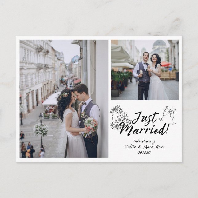 Cartão Postal De Anúncio Foto de casamento recém-casados Doodle (Frente)