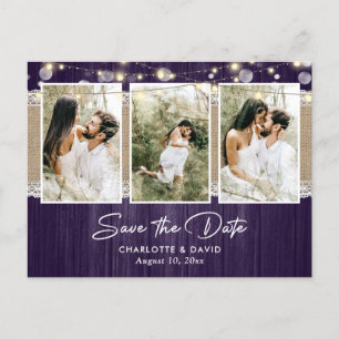 Cartão Postal De Anúncio Foto De Casamento Roxo Rústico Salvar A Data