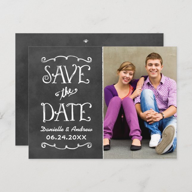 Cartão Postal De Anúncio Foto de Casamento Rustic Chalkboard Salvar Data (Frente/Verso)