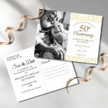 Cartão Postal De Anúncio Foto de Corações do Ouro de 50 anos Salvar a Data<br><div class="desc">Apresentando delicados corações de ouro confetti,  você pode personalizar com sua foto especial e seu ouro de cinquenta anos salvar as informações de data em caracteres chicos. O reverso apresenta detalhes extras de celebração. Projetado por Thisnotme©</div>