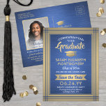 Cartão Postal De Anúncio Foto de Formando azul e Dourada escovada Salve a d<br><div class="desc">Compartilhe as notícias alegres de uma festa de formatura que vem, assim como uma foto favorita com esses modernos cartões postais azuis, dourados e brancos, salve a data de convites. Todo texto é simples de personalizar. (DICA DE IMAGEM: Uma maneira fácil de centralizar uma foto exatamente como você deseja é...</div>
