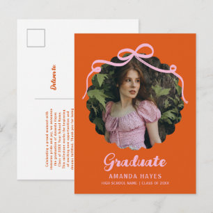 Cartão Postal De Anúncio Foto de Formatura Laranja e Rosa Ondulada com Laço
