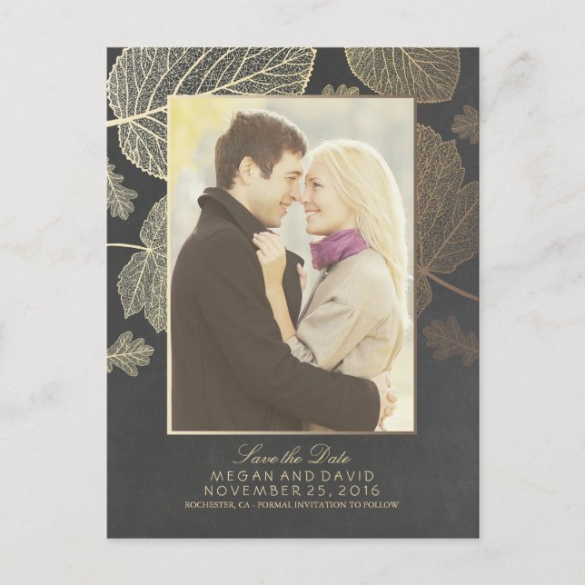 Cartão Postal De Anúncio Foto de queda de folhas Douradas Salvar data (Frente)