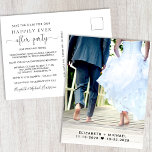 Cartão Postal De Anúncio Foto de recepção de casamento Salvar a Data<br><div class="desc">Anúncio de casamento e guarde a data para uma recepção ou festa para celebrar o seu elogio ou casamento privado menor. A frente mostra sua foto favorita de casamento, seus primeiros nomes e datas de casamento e recepção. O reverso apresenta "Salvar a data para nossa festa feliz nunca depois" em...</div>