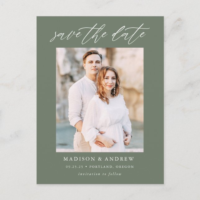 Cartão Postal De Anúncio Foto do Script Elegante Verde do Sage Escuro Salva (Frente)