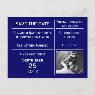 Cartão Postal De Anúncio Foto Do Tíquete Azul Do marinho Salvar A Data