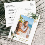 Cartão Postal De Anúncio Foto Dourada De Casamento De Folhagem Tropical Sal<br><div class="desc">Este casamento,  exceto a data do cartão postal,  apresenta monstera de aquarela,  folhas de palmeiras,  folhas de bananas,  folhas tropicais exóticas e folhas de ouro falsas com uma falso estrutura de retângulo dourado. É perfeito para um casamento tropical,  praia,  verão ou destino.</div>