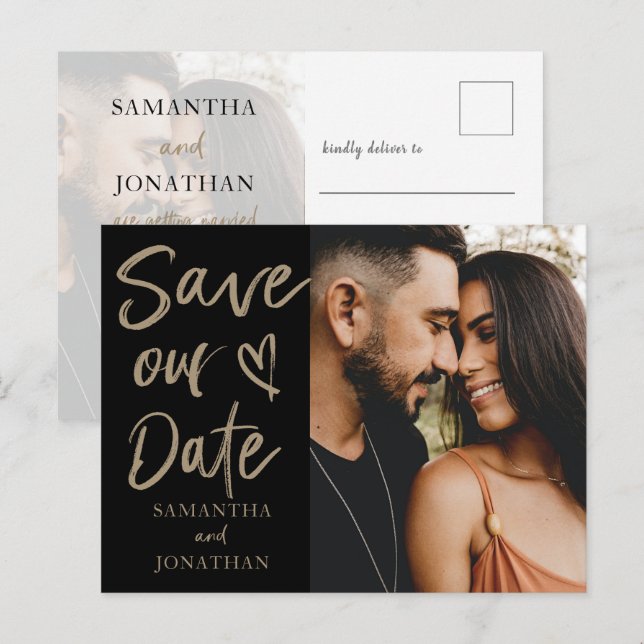 Cartão Postal De Anúncio Foto Dourada Elegante Salve nosso Casamento de Dat (Frente/Verso)