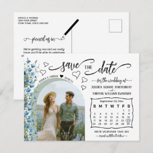 Cartão Postal De Anúncio Foto e calendário Blue Wildflower Salvar data