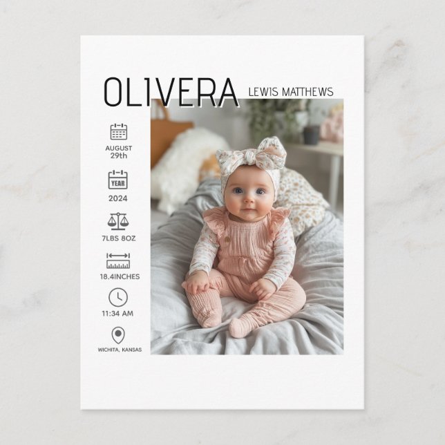Cartão Postal De Anúncio Foto e estatísticas do bebê (Frente)