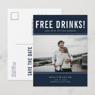 Cartão Postal De Anúncio Foto Engraçada de Drinks Grátis Casamento Azul-Mar
