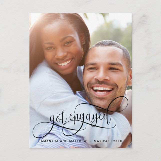 Cartão Postal De Anúncio Foto Ficou Noiva Caligrafia em Preto, Noivado (Frente)