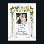 Cartão Postal De Anúncio Foto Floral Amarelo Amarelo da Cana-de-Casamento<br><div class="desc">Anúncio de Noivado Floral Amarelo de Casamento Floral Branco Elegante Canopy Watercolor Cancing O Cartão-Postal de Data inclui lindas rosas amarelas e brancas. O arco da copa do casamento da madeira inclui vegetação botânica. Foto do casal.</div>
