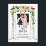 Cartão Postal De Anúncio Foto Floral Branca de Coral de Watercolor do Casam<br><div class="desc">Anúncio de Noivado Floral de Casamento Floral Branco Cor de Água da Cobra Branca de Casamento Elegante Salve O Cartão-Postal de Data inclui belos corais e rosas brancas. O arco da copa do casamento da madeira inclui vegetação botânica. Foto do casal.</div>