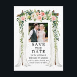 Cartão Postal De Anúncio Foto Floral Branco Cor-de-Água Rosa-Rosa-Casada<br><div class="desc">Anúncio do Noivado Floral de Casamento Branco Cor de Água,  Cor de Cobra Branca,  Elegante De Casamento Salve O Cartão-Postal de Data inclui lindas rosas rosa e brancas. O arco da copa do casamento da madeira inclui vegetação botânica. Foto do casal.</div>