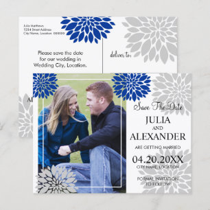 Cartão Postal De Anúncio Foto Floral Burst Real Blue Silver Salvando A Data