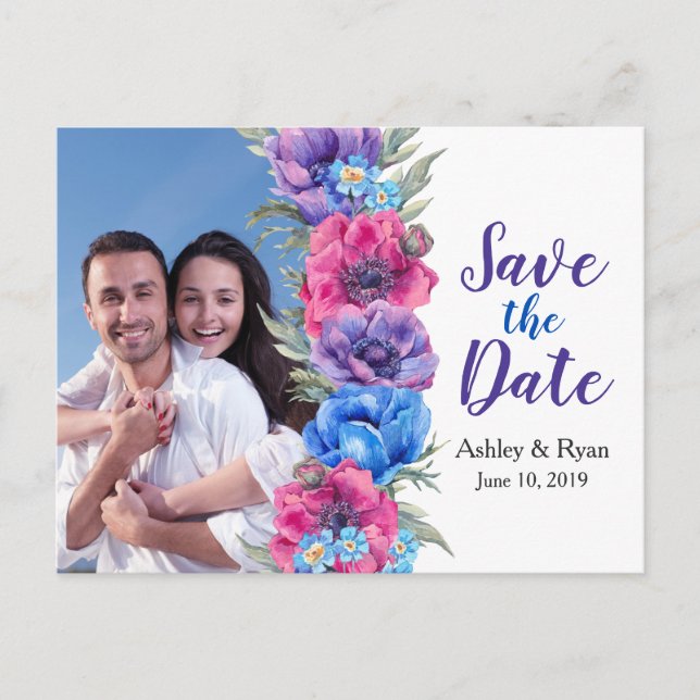 Cartão Postal De Anúncio Foto Floral de Anêmona Casamento Salvar a Data (Frente)