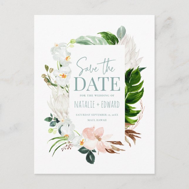 Cartão Postal De Anúncio Foto floral tropical rosa, turquesa e orquídea (Frente)