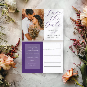 Cartão Postal De Anúncio Foto Moderna Roxo Salve o Casamento de Data