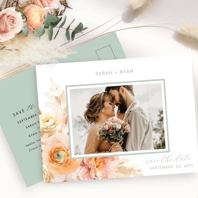 Cartão Postal De Anúncio Foto Peach Blush e Sage Wedding Salvar a Data (Criador carregado)