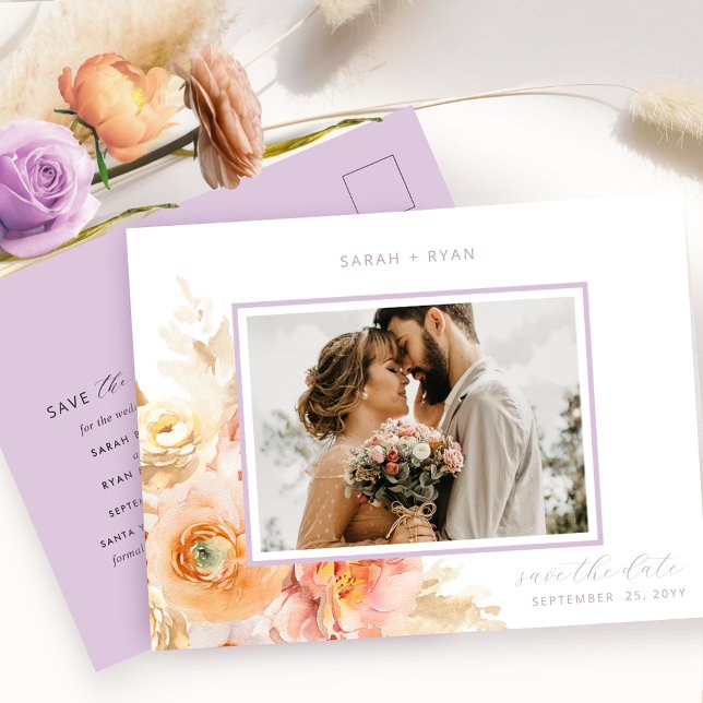 Cartão Postal De Anúncio Foto Peach Blush Lavanda Casamento Salve a Data (Criador carregado)