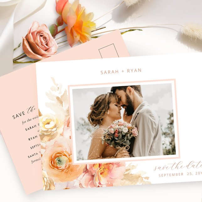 Cartão Postal De Anúncio Foto Peach e Casamento Rosa Esmagado Salvem a Data (Criador carregado)
