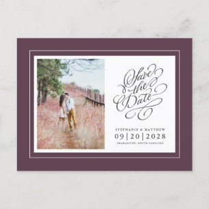 Cartão Postal De Anúncio Foto Salvar Data Elegante Casamento Roupas Purple 