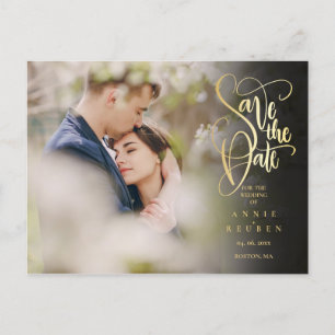 Cartão Postal De Anúncio Foto Save the Date Elegante Roteiro Dourado Modern