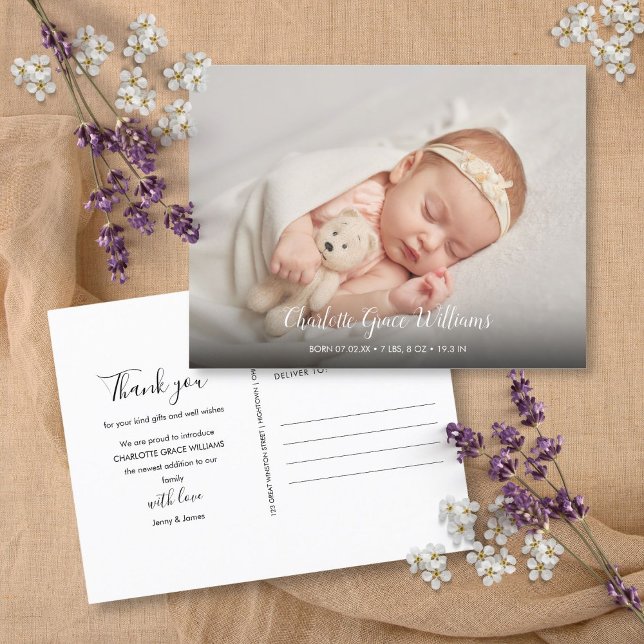 Cartão Postal De Anúncio Foto Simples Para Bebê Obrigado Parto Elegante (Simple Baby Photo Thank You Elegant Script Birth Announcement Postcard)