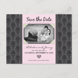 Cartão Postal De Anúncio Fotografia Damask Vintage Rosa Bebê Save the Date